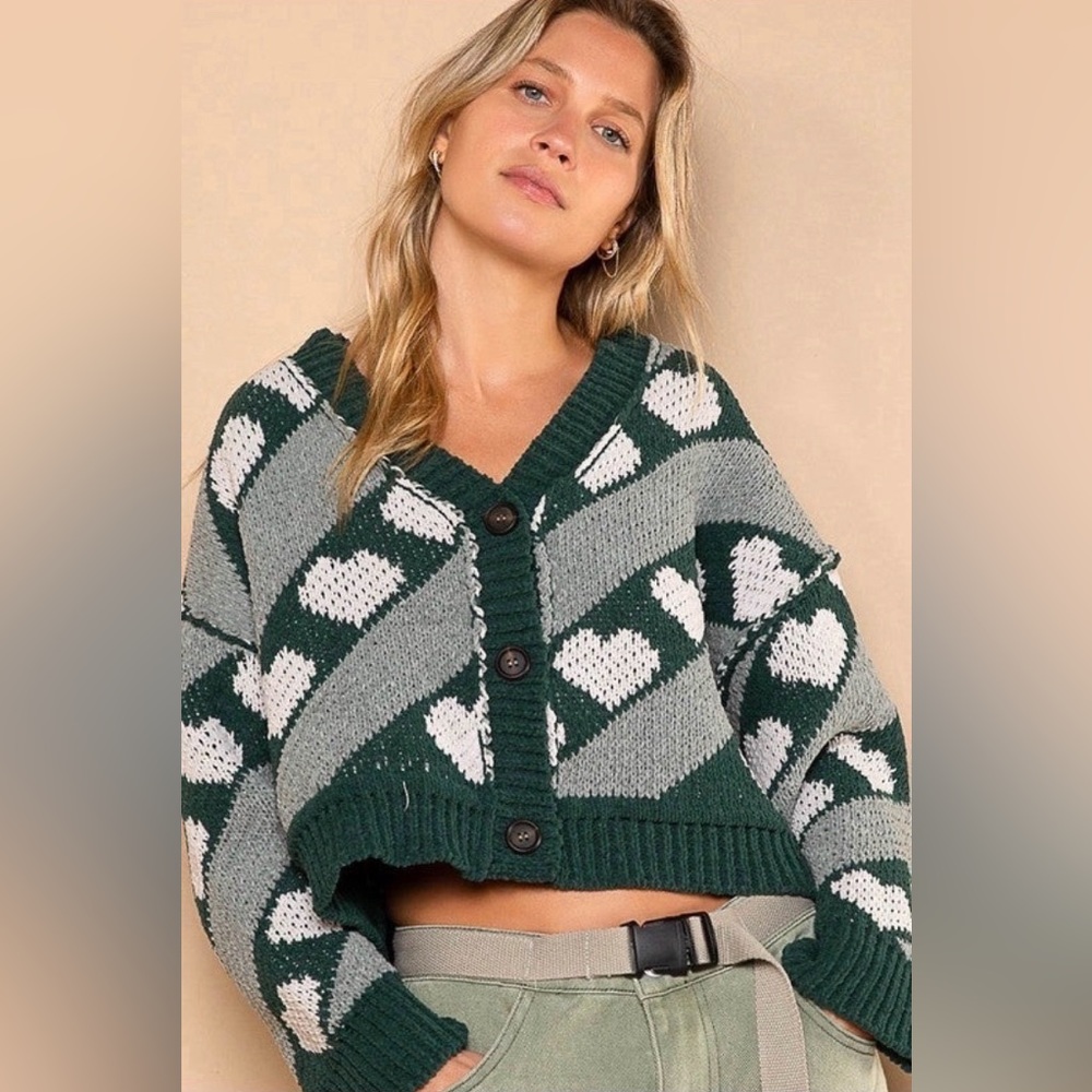 New POL Clothing Chenille Heart Sweater Cardigan Size Large Green